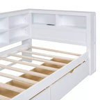 Divano Letto con Libreria a L e 2 Cassetti, Letto di Giorno in Legno con Ripiani Contenitore e Porte di Ricarica USB