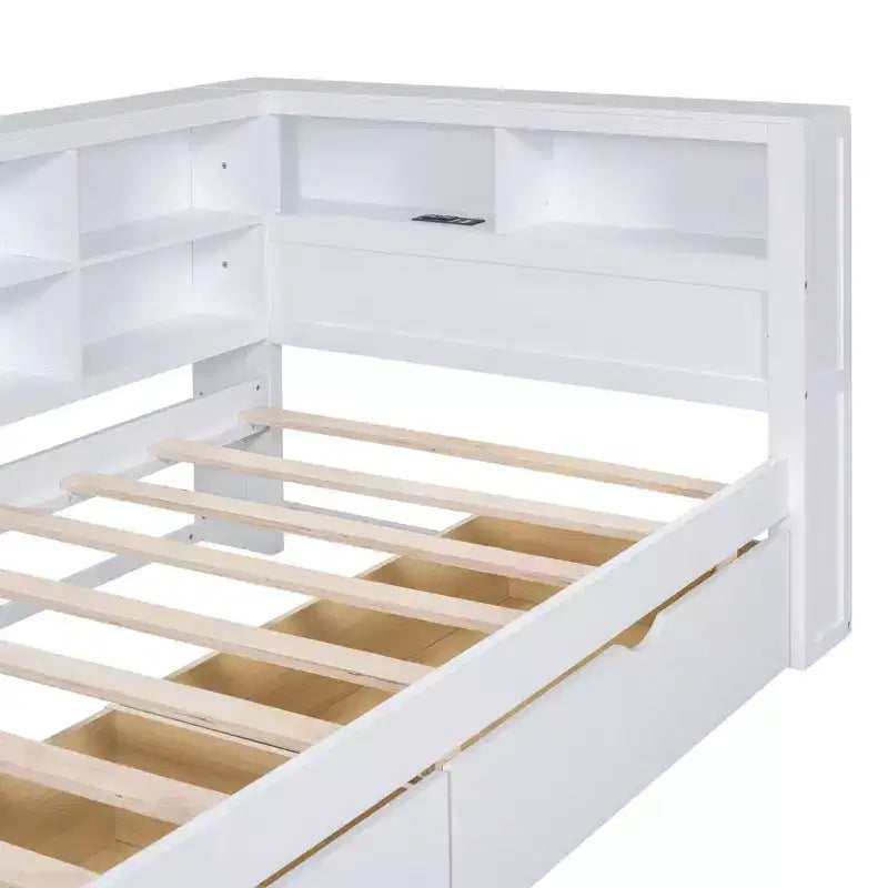 Divano Letto con Libreria a L e 2 Cassetti, Letto di Giorno in Legno con Ripiani Contenitore e Porte di Ricarica USB