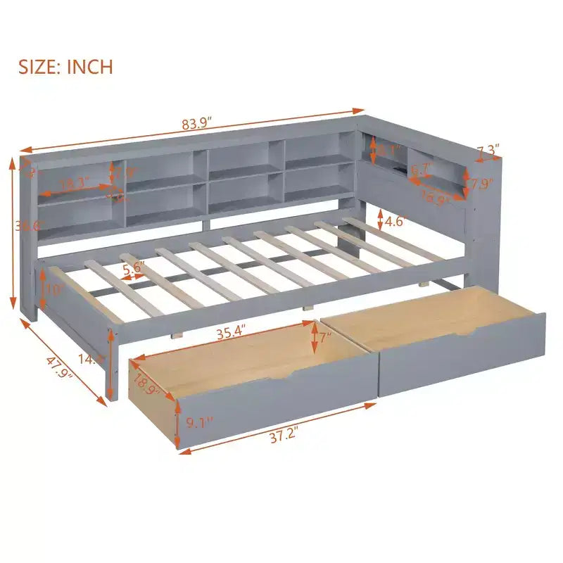 Divano Letto con Libreria a L e 2 Cassetti, Letto di Giorno in Legno con Ripiani Contenitore e Porte di Ricarica USB