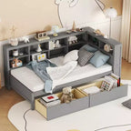 Divano Letto con Libreria a L e 2 Cassetti, Letto di Giorno in Legno con Ripiani Contenitore e Porte di Ricarica USB