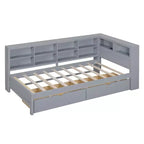Divano Letto con Libreria a L e 2 Cassetti, Letto di Giorno in Legno con Ripiani Contenitore e Porte di Ricarica USB
