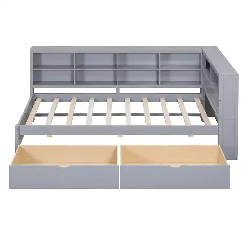 Divano Letto con Libreria a L e 2 Cassetti, Letto di Giorno in Legno con Ripiani Contenitore e Porte di Ricarica USB