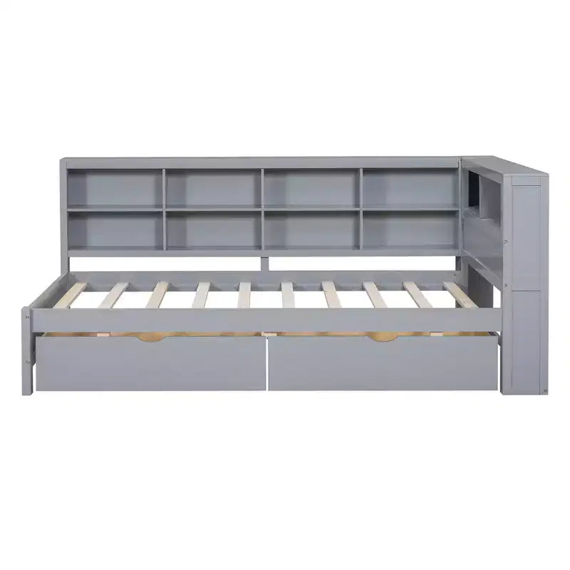 Divano Letto con Libreria a L e 2 Cassetti, Letto di Giorno in Legno con Ripiani Contenitore e Porte di Ricarica USB