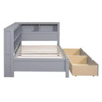 Divano Letto con Libreria a L e 2 Cassetti, Letto di Giorno in Legno con Ripiani Contenitore e Porte di Ricarica USB
