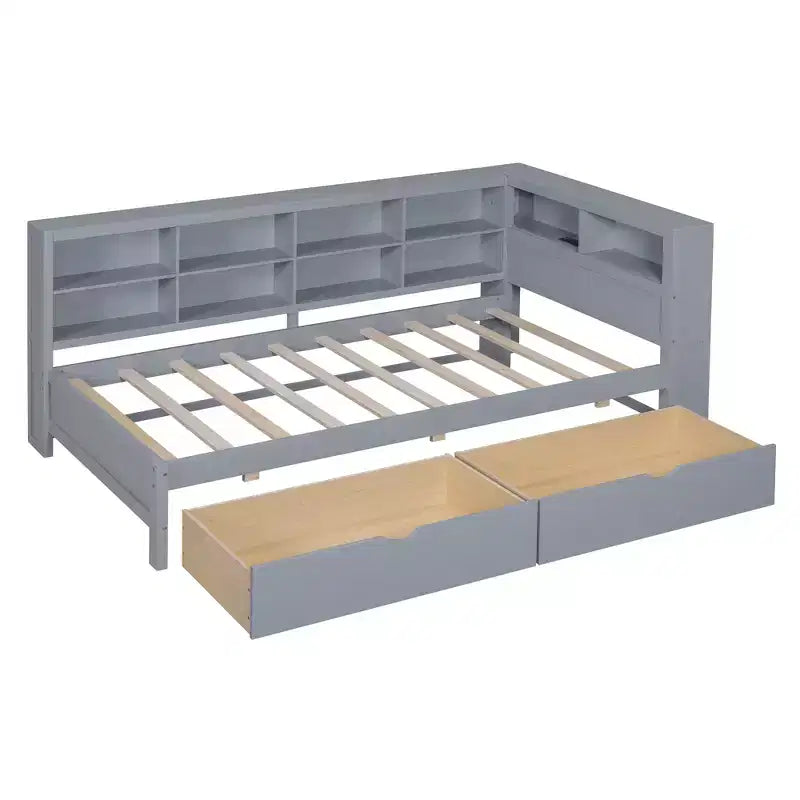 Divano Letto con Libreria a L e 2 Cassetti, Letto di Giorno in Legno con Ripiani Contenitore e Porte di Ricarica USB
