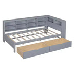 Divano Letto con Libreria a L e 2 Cassetti, Letto di Giorno in Legno con Ripiani Contenitore e Porte di Ricarica USB