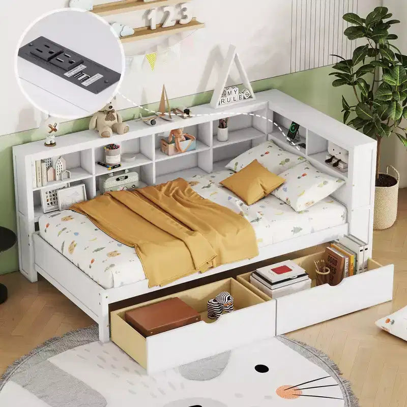 Divano Letto con Libreria a L e 2 Cassetti, Letto di Giorno in Legno con Ripiani Contenitore e Porte di Ricarica USB