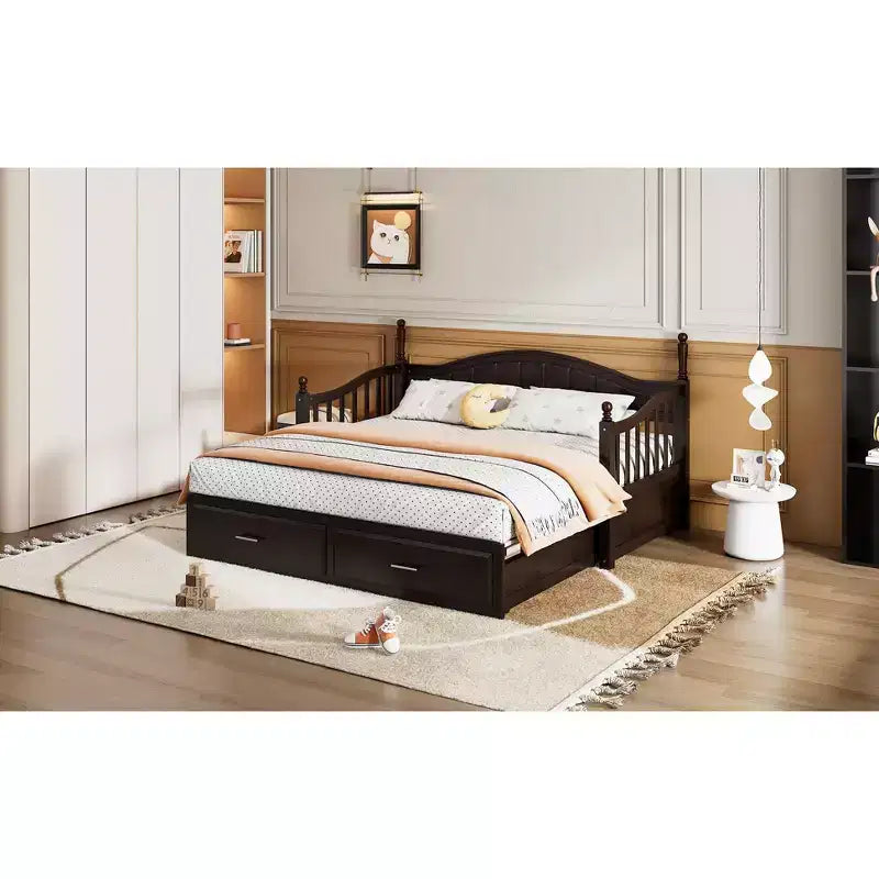 Divano Letto in Legno con Letto Estraibile e 2 Cassetti Contenitori, Divano Letto Estensibile da Singolo a Matrimoniale, Elegante Struttura Letto a Divano per Soggiorno Camera da Letto