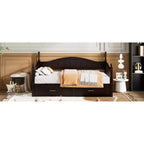 Divano Letto in Legno con Letto Estraibile e 2 Cassetti Contenitori, Divano Letto Estensibile da Singolo a Matrimoniale, Elegante Struttura Letto a Divano per Soggiorno Camera da Letto