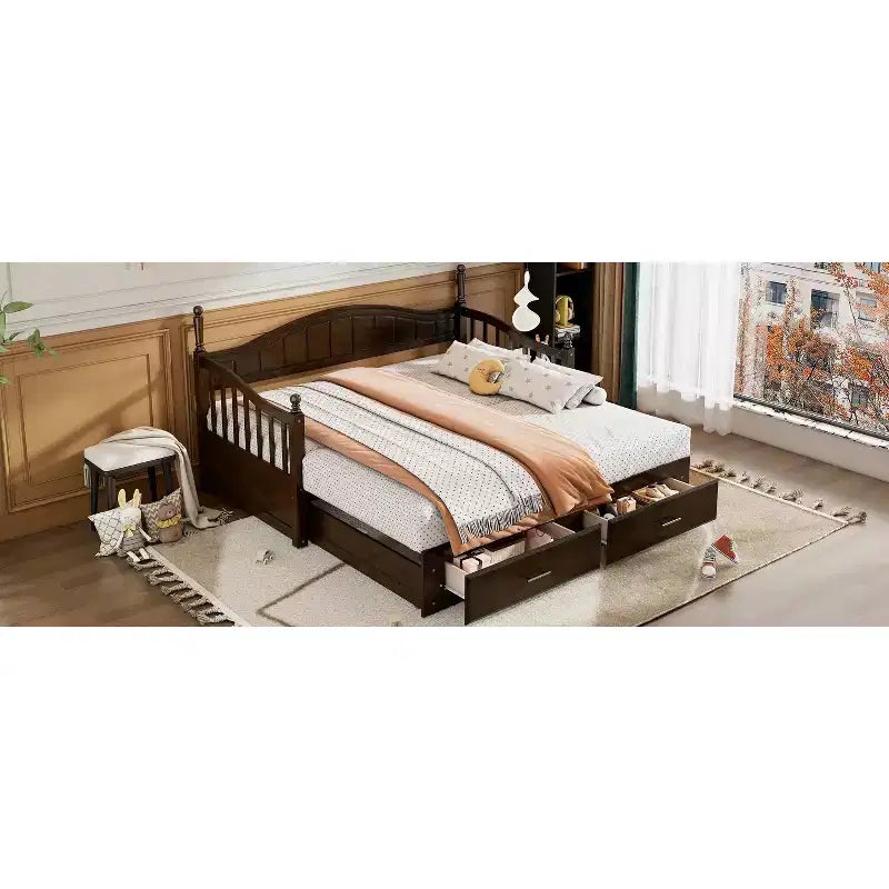 Divano Letto in Legno con Letto Estraibile e 2 Cassetti Contenitori, Divano Letto Estensibile da Singolo a Matrimoniale, Elegante Struttura Letto a Divano per Soggiorno Camera da Letto