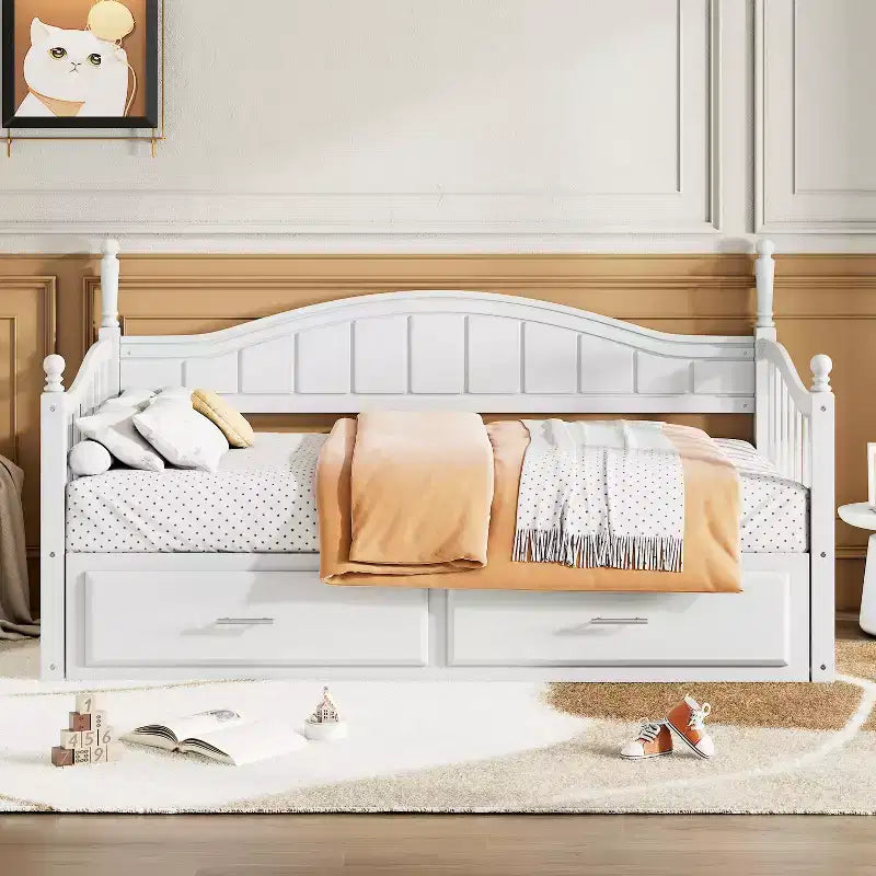 Divano Letto in Legno con Letto Estraibile e 2 Cassetti Contenitori, Divano Letto Estensibile da Singolo a Matrimoniale, Elegante Struttura Letto a Divano per Soggiorno Camera da Letto