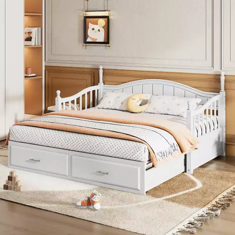 Divano Letto in Legno con Letto Estraibile e 2 Cassetti Contenitori, Divano Letto Estensibile da Singolo a Matrimoniale, Elegante Struttura Letto a Divano per Soggiorno Camera da Letto