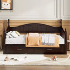 Divano Letto in Legno con Letto Estraibile e 2 Cassetti Contenitori, Divano Letto Estensibile da Singolo a Matrimoniale, Elegante Struttura Letto a Divano per Soggiorno Camera da Letto