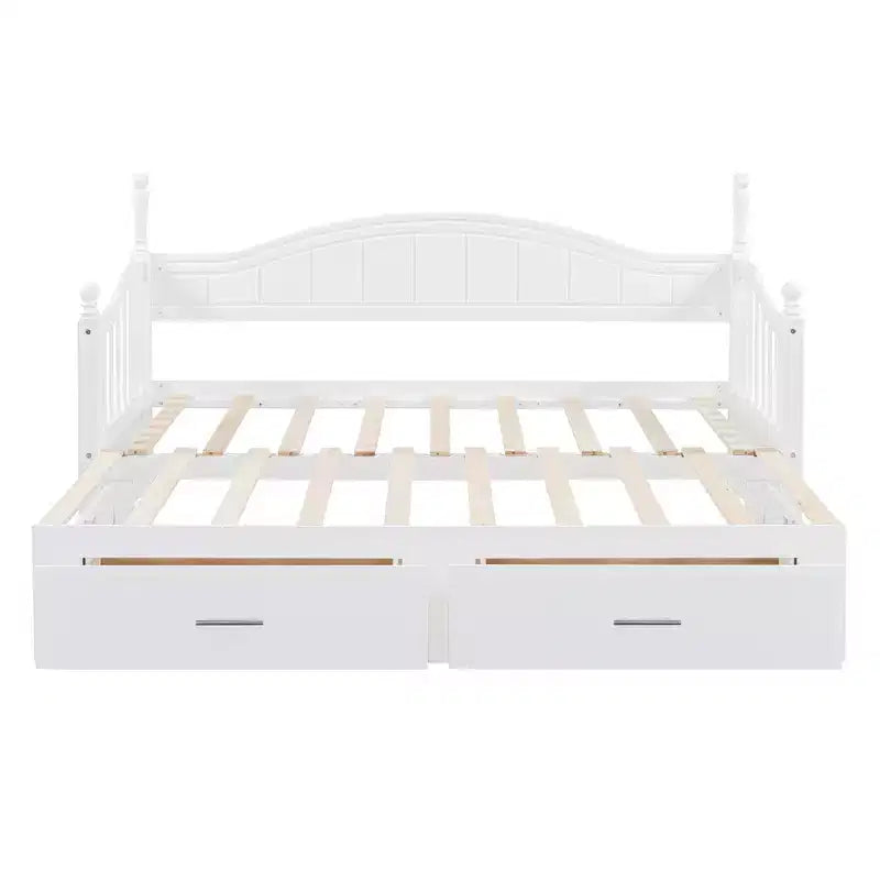 Divano Letto in Legno con Letto Estraibile e 2 Cassetti Contenitori, Divano Letto Estensibile da Singolo a Matrimoniale, Elegante Struttura Letto a Divano per Soggiorno Camera da Letto