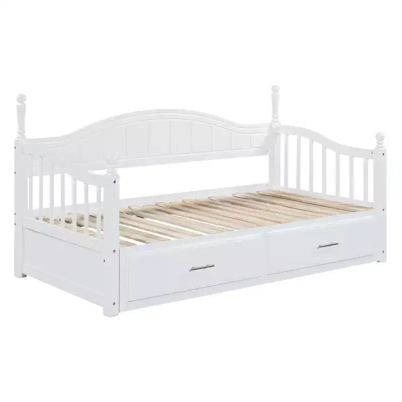 Divano Letto in Legno con Letto Estraibile e 2 Cassetti Contenitori, Divano Letto Estensibile da Singolo a Matrimoniale, Elegante Struttura Letto a Divano per Soggiorno Camera da Letto
