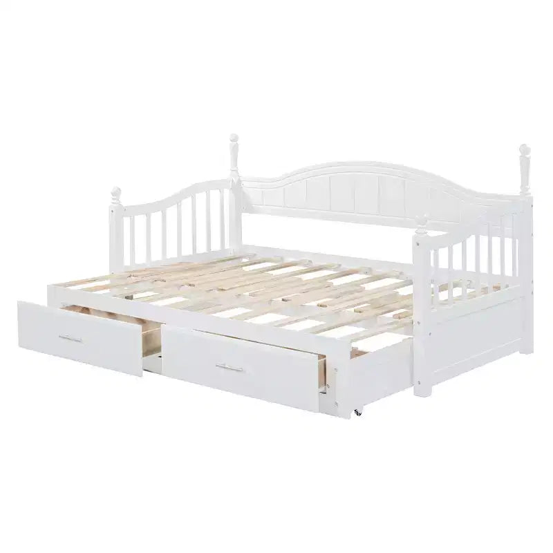 Divano Letto in Legno con Letto Estraibile e 2 Cassetti Contenitori, Divano Letto Estensibile da Singolo a Matrimoniale, Elegante Struttura Letto a Divano per Soggiorno Camera da Letto