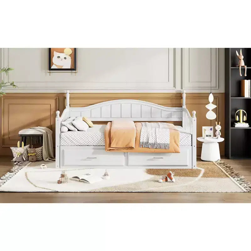 Divano Letto in Legno con Letto Estraibile e 2 Cassetti Contenitori, Divano Letto Estensibile da Singolo a Matrimoniale, Elegante Struttura Letto a Divano per Soggiorno Camera da Letto