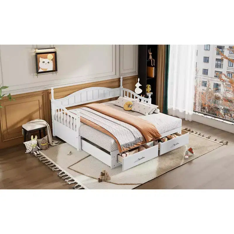 Divano Letto in Legno con Letto Estraibile e 2 Cassetti Contenitori, Divano Letto Estensibile da Singolo a Matrimoniale, Elegante Struttura Letto a Divano per Soggiorno Camera da Letto