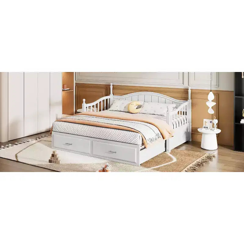 Divano Letto in Legno con Letto Estraibile e 2 Cassetti Contenitori, Divano Letto Estensibile da Singolo a Matrimoniale, Elegante Struttura Letto a Divano per Soggiorno Camera da Letto