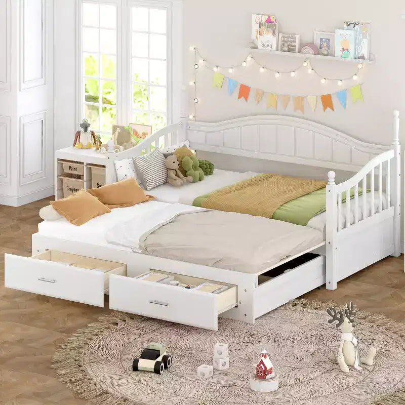 Divano Letto in Legno con Letto Estraibile e 2 Cassetti Contenitori, Divano Letto Estensibile da Singolo a Matrimoniale, Elegante Struttura Letto a Divano per Soggiorno Camera da Letto