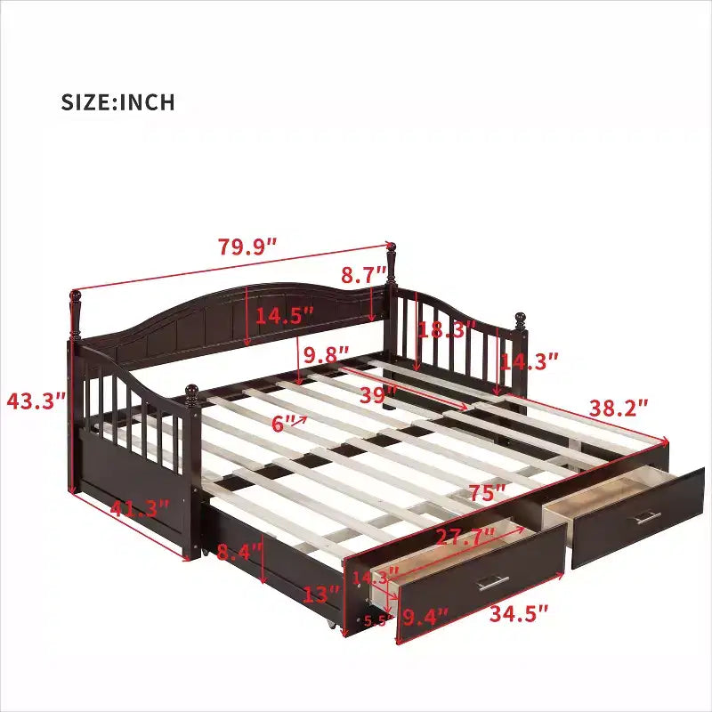 Divano Letto in Legno con Letto Estraibile e 2 Cassetti Contenitori, Divano Letto Estensibile da Singolo a Matrimoniale, Elegante Struttura Letto a Divano per Soggiorno Camera da Letto