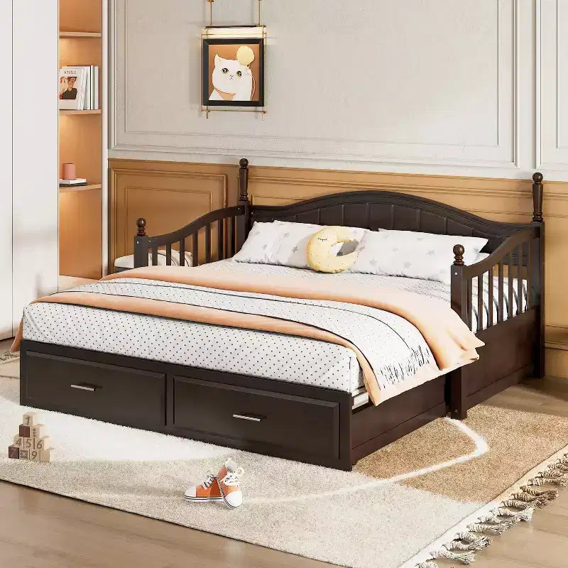 Divano Letto in Legno con Letto Estraibile e 2 Cassetti Contenitori, Divano Letto Estensibile da Singolo a Matrimoniale, Elegante Struttura Letto a Divano per Soggiorno Camera da Letto