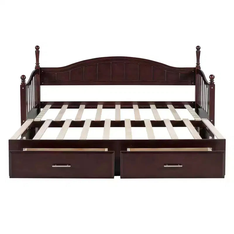 Divano Letto in Legno con Letto Estraibile e 2 Cassetti Contenitori, Divano Letto Estensibile da Singolo a Matrimoniale, Elegante Struttura Letto a Divano per Soggiorno Camera da Letto