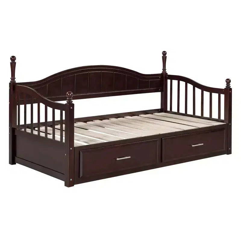 Divano Letto in Legno con Letto Estraibile e 2 Cassetti Contenitori, Divano Letto Estensibile da Singolo a Matrimoniale, Elegante Struttura Letto a Divano per Soggiorno Camera da Letto