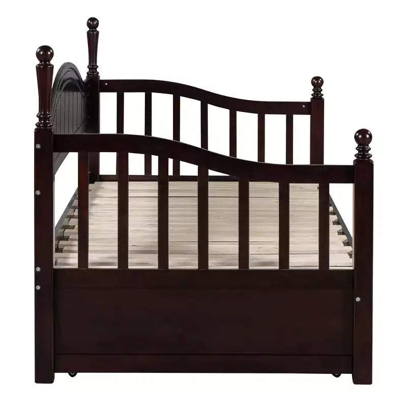 Divano Letto in Legno con Letto Estraibile e 2 Cassetti Contenitori, Divano Letto Estensibile da Singolo a Matrimoniale, Elegante Struttura Letto a Divano per Soggiorno Camera da Letto