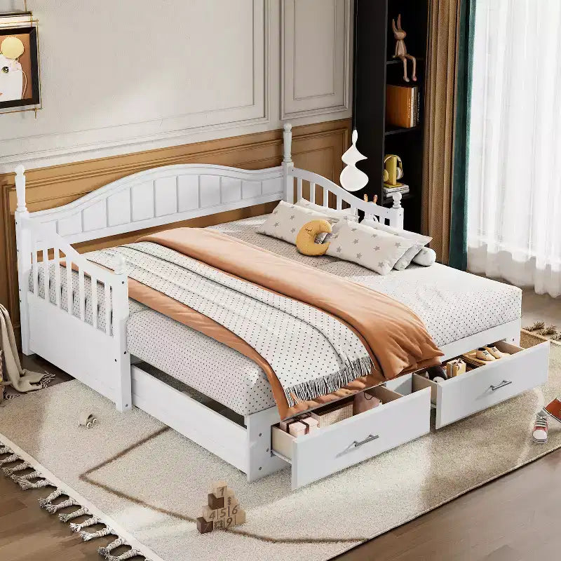 Divano Letto in Legno con Letto Estraibile e 2 Cassetti Contenitori, Divano Letto Estensibile da Singolo a Matrimoniale, Elegante Struttura Letto a Divano per Soggiorno Camera da Letto