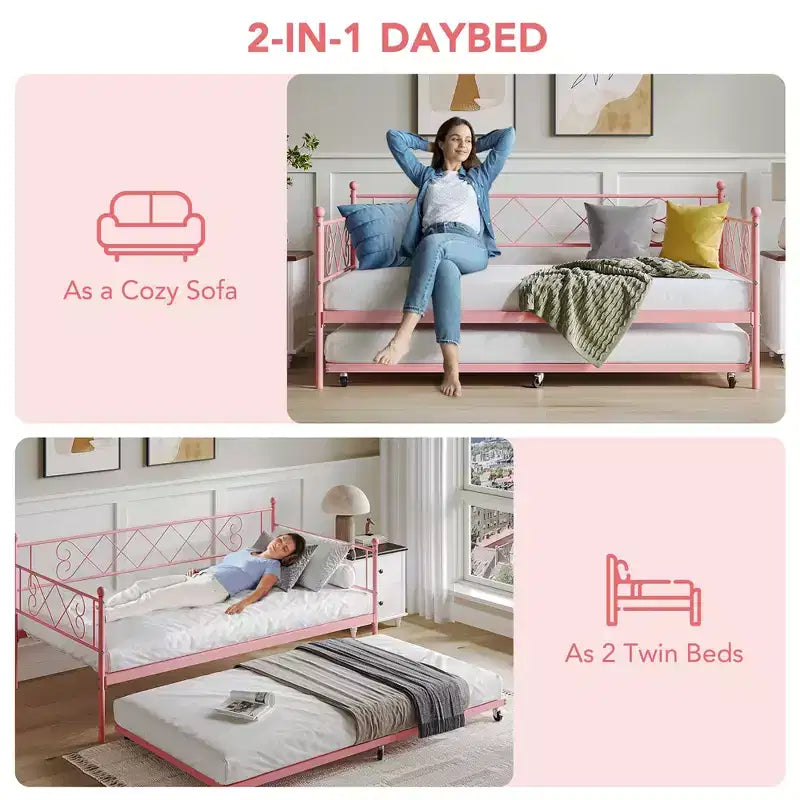 Sedie Pieghevoli Confezione da 2 - Base Materasso a Doghe in Metallo Resistente, Nessuna Molla Richiesta, Facile Montaggio, Elegante Testiera, Letto a Giorno Singolo con Letto Estraibile.