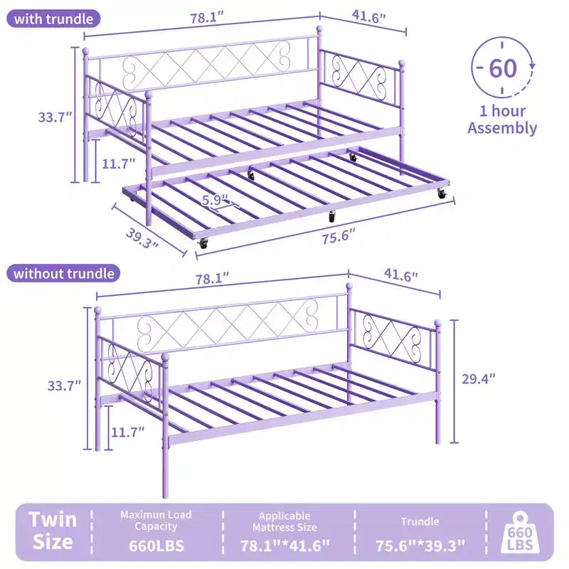 Sedie Pieghevoli Confezione da 2 - Base Materasso a Doghe in Metallo Resistente, Nessuna Molla Richiesta, Facile Montaggio, Elegante Testiera, Letto a Giorno Singolo con Letto Estraibile.