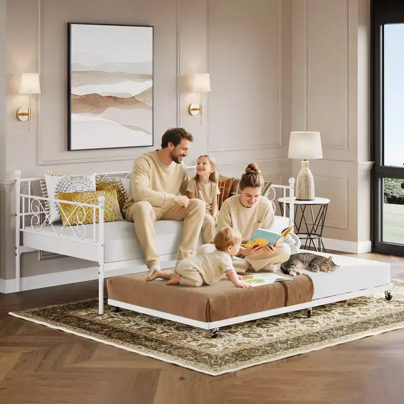 Sedie Pieghevoli Confezione da 2 - Base Materasso a Doghe in Metallo Resistente, Nessuna Molla Richiesta, Facile Montaggio, Elegante Testiera, Letto a Giorno Singolo con Letto Estraibile.