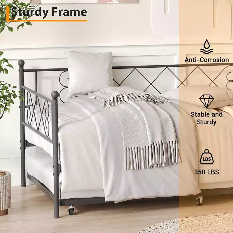 Sedie Pieghevoli Confezione da 2 - Base Materasso a Doghe in Metallo Resistente, Nessuna Molla Richiesta, Facile Montaggio, Elegante Testiera, Letto a Giorno Singolo con Letto Estraibile.