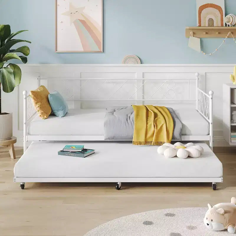 Sedie Pieghevoli Confezione da 2 - Base Materasso a Doghe in Metallo Resistente, Nessuna Molla Richiesta, Facile Montaggio, Elegante Testiera, Letto a Giorno Singolo con Letto Estraibile.