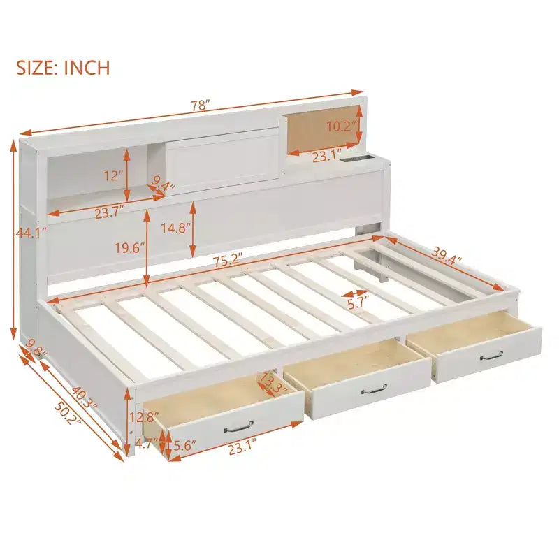 Divano letto con 3 cassetti contenitore, prese e porte USB, struttura in legno con pannello superiore imbottito per camera da letto e camera degli ospiti, bianco