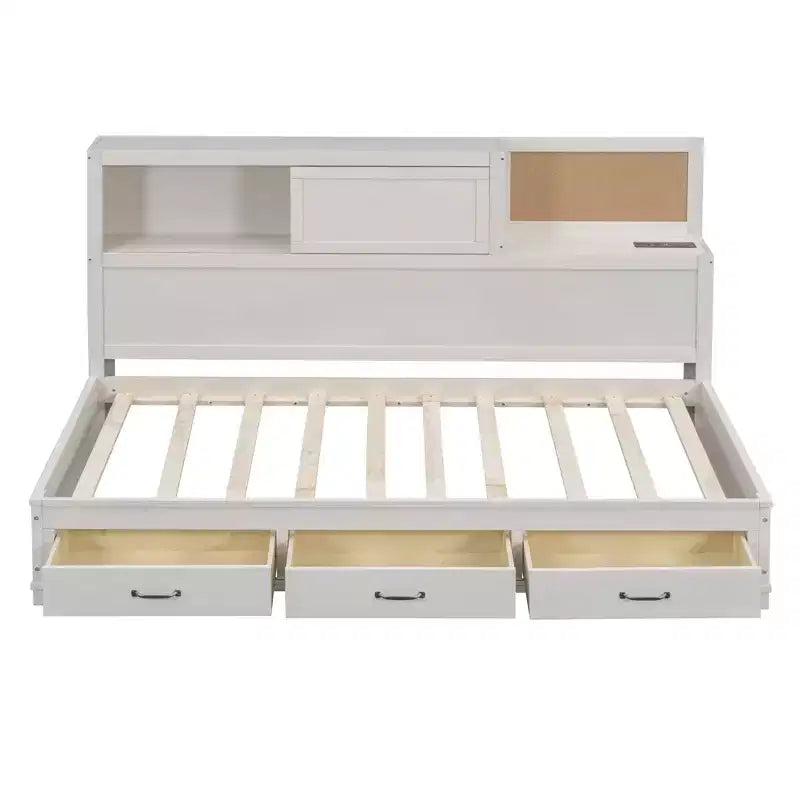 Divano letto con 3 cassetti contenitore, prese e porte USB, struttura in legno con pannello superiore imbottito per camera da letto e camera degli ospiti, bianco