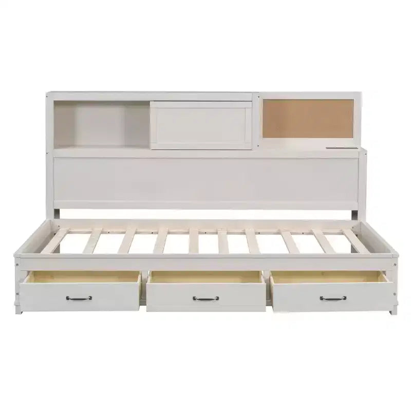 Divano letto con 3 cassetti contenitore, prese e porte USB, struttura in legno con pannello superiore imbottito per camera da letto e camera degli ospiti, bianco