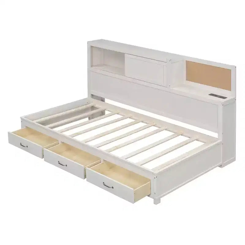 Divano letto con 3 cassetti contenitore, prese e porte USB, struttura in legno con pannello superiore imbottito per camera da letto e camera degli ospiti, bianco