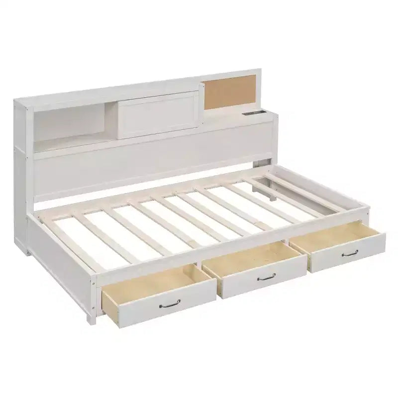 Divano letto con 3 cassetti contenitore, prese e porte USB, struttura in legno con pannello superiore imbottito per camera da letto e camera degli ospiti, bianco