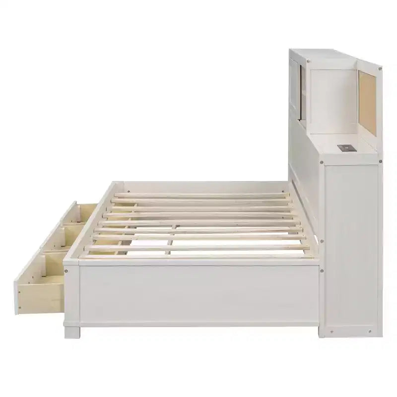 Divano letto con 3 cassetti contenitore, prese e porte USB, struttura in legno con pannello superiore imbottito per camera da letto e camera degli ospiti, bianco