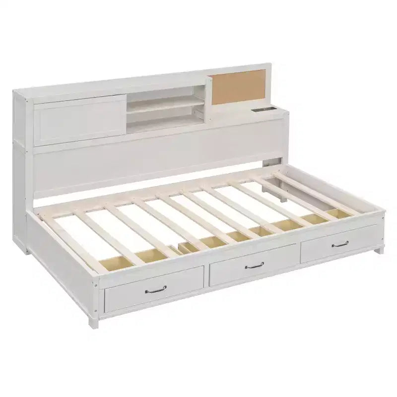 Divano letto con 3 cassetti contenitore, prese e porte USB, struttura in legno con pannello superiore imbottito per camera da letto e camera degli ospiti, bianco