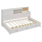 Divano letto con 3 cassetti contenitore, prese e porte USB, struttura in legno con pannello superiore imbottito per camera da letto e camera degli ospiti, bianco
