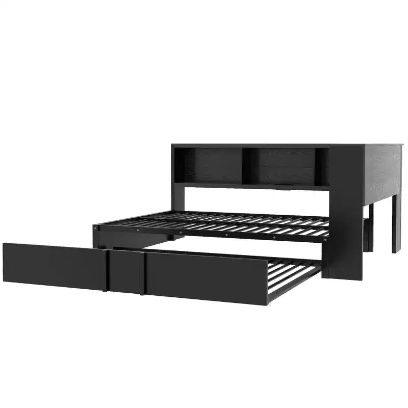 Divano letto matrimoniale con rotelle ed libreria, divano letto a L con porte USB, letto ad angolo matrimoniale in legno con testiera portaoggetti