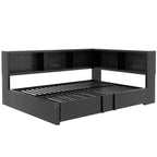 Divano letto matrimoniale con rotelle ed libreria, divano letto a L con porte USB, letto ad angolo matrimoniale in legno con testiera portaoggetti