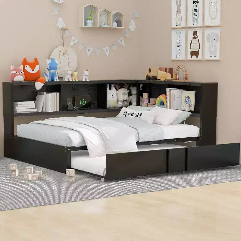 Divano letto matrimoniale con rotelle ed libreria, divano letto a L con porte USB, letto ad angolo matrimoniale in legno con testiera portaoggetti
