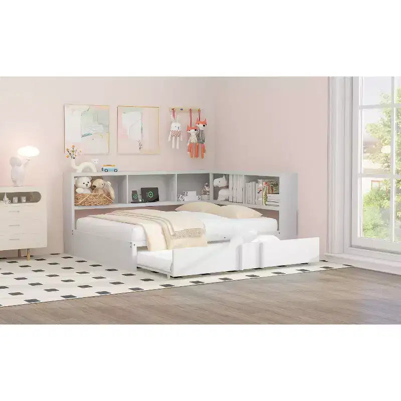Divano letto matrimoniale con rotelle ed libreria, divano letto a L con porte USB, letto ad angolo matrimoniale in legno con testiera portaoggetti