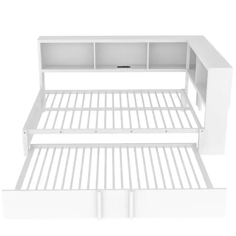 Divano letto matrimoniale con rotelle ed libreria, divano letto a L con porte USB, letto ad angolo matrimoniale in legno con testiera portaoggetti