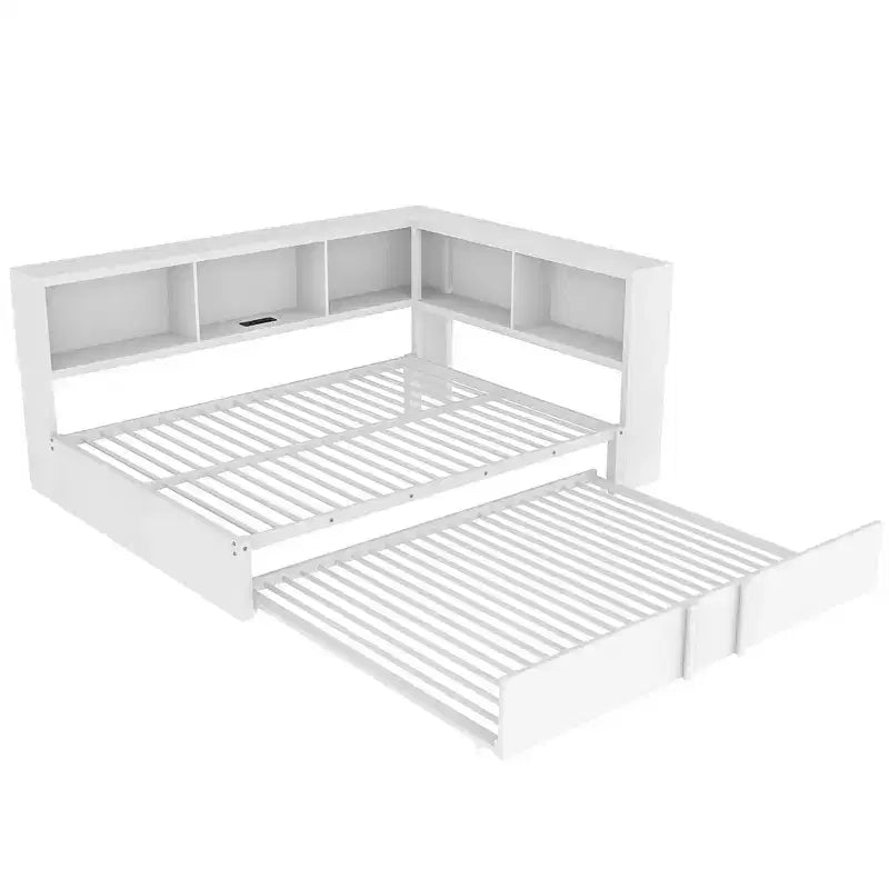 Divano letto matrimoniale con rotelle ed libreria, divano letto a L con porte USB, letto ad angolo matrimoniale in legno con testiera portaoggetti