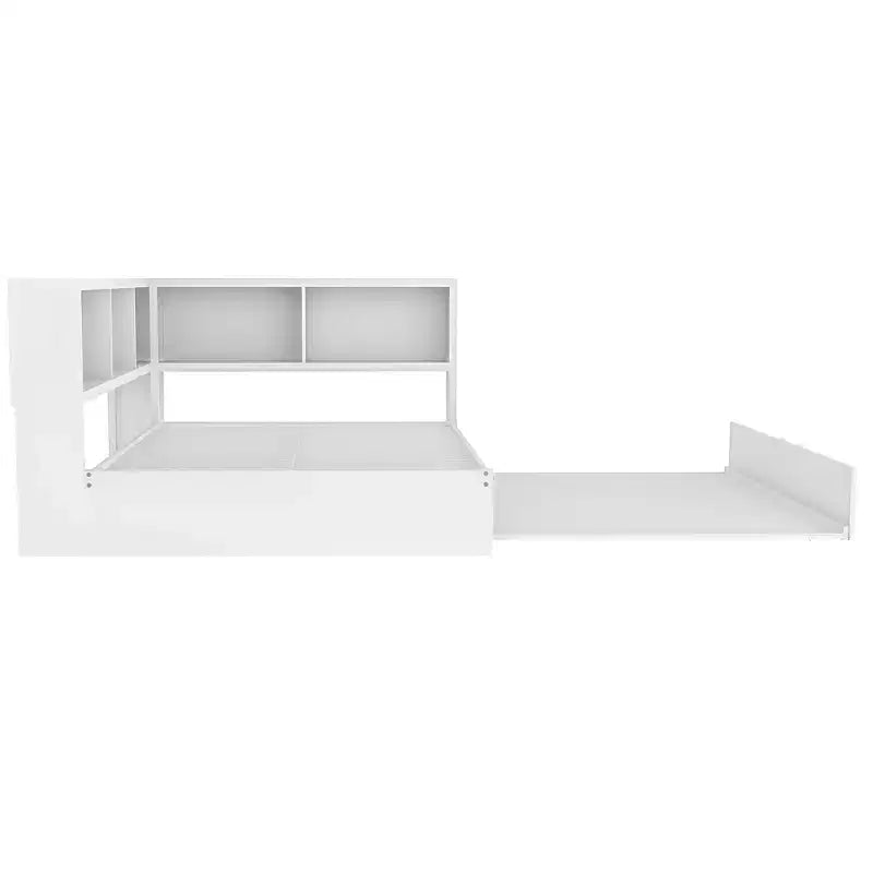 Divano letto matrimoniale con rotelle ed libreria, divano letto a L con porte USB, letto ad angolo matrimoniale in legno con testiera portaoggetti